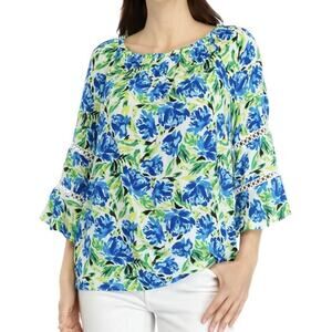 AGB Women’s Blue Floral Printed Ruffle 3/4 Sleeve Size Large Rayon